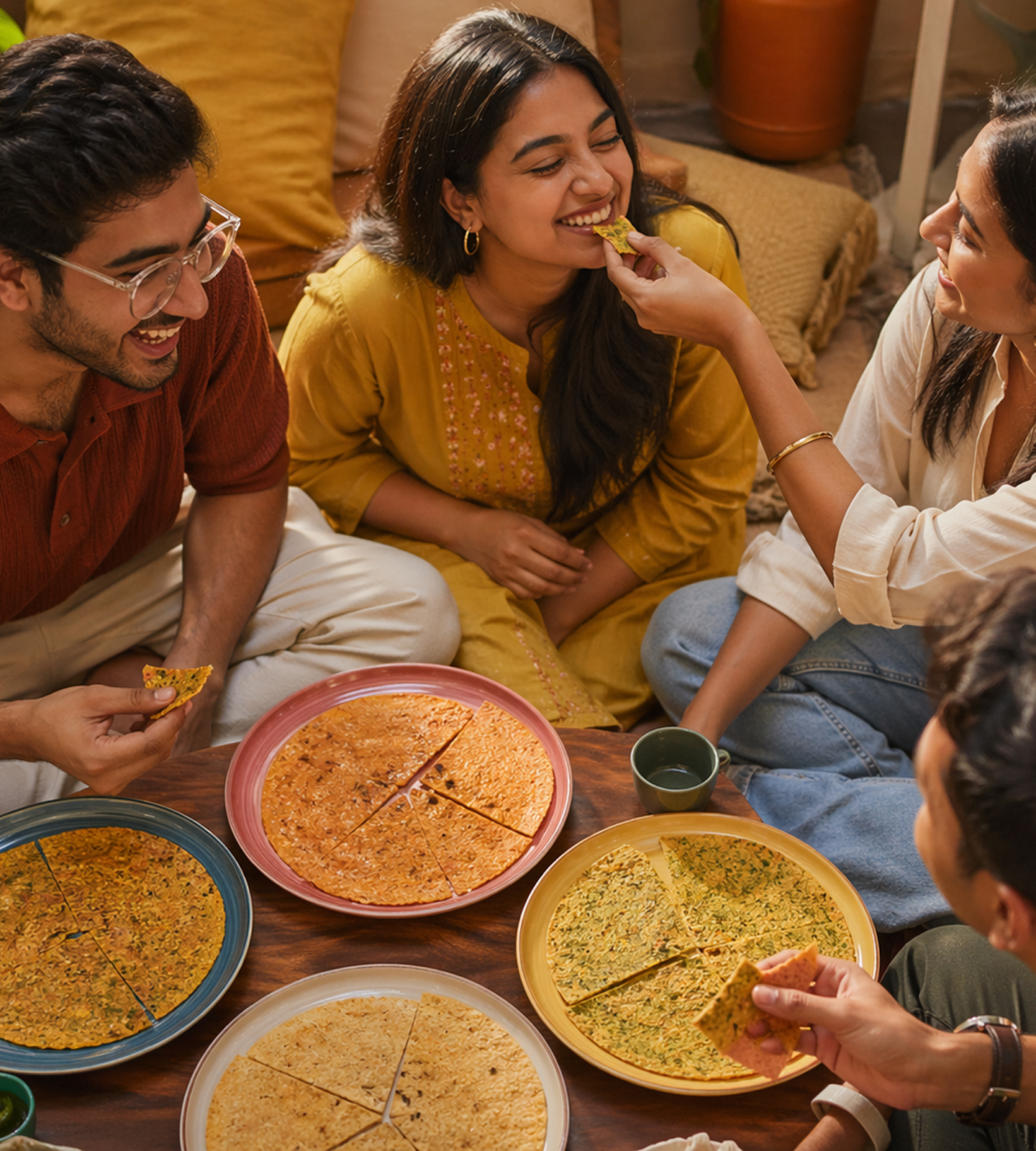 Four friends sitting on floor sharing and eating round crispy snack pieces from plates.